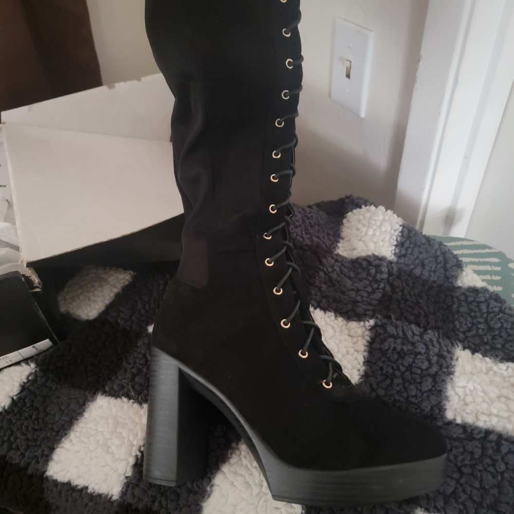 Thigh high stacked heel boots